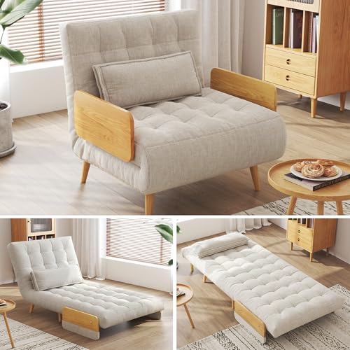 Convertible Chair Bed Sleeper for Adults, Linen with Wooden Arms & Pillows, Foldable Single Futon Sofa Bed Q683821
