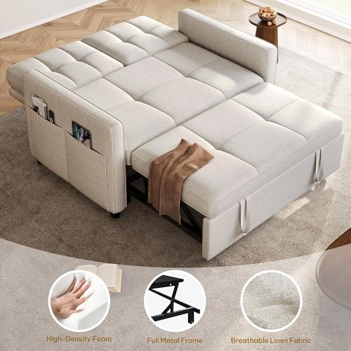 Convertible Sofa Bed, 3-in-1 Sleeper with Pull-Out Bed, Linen Futon Couch H198