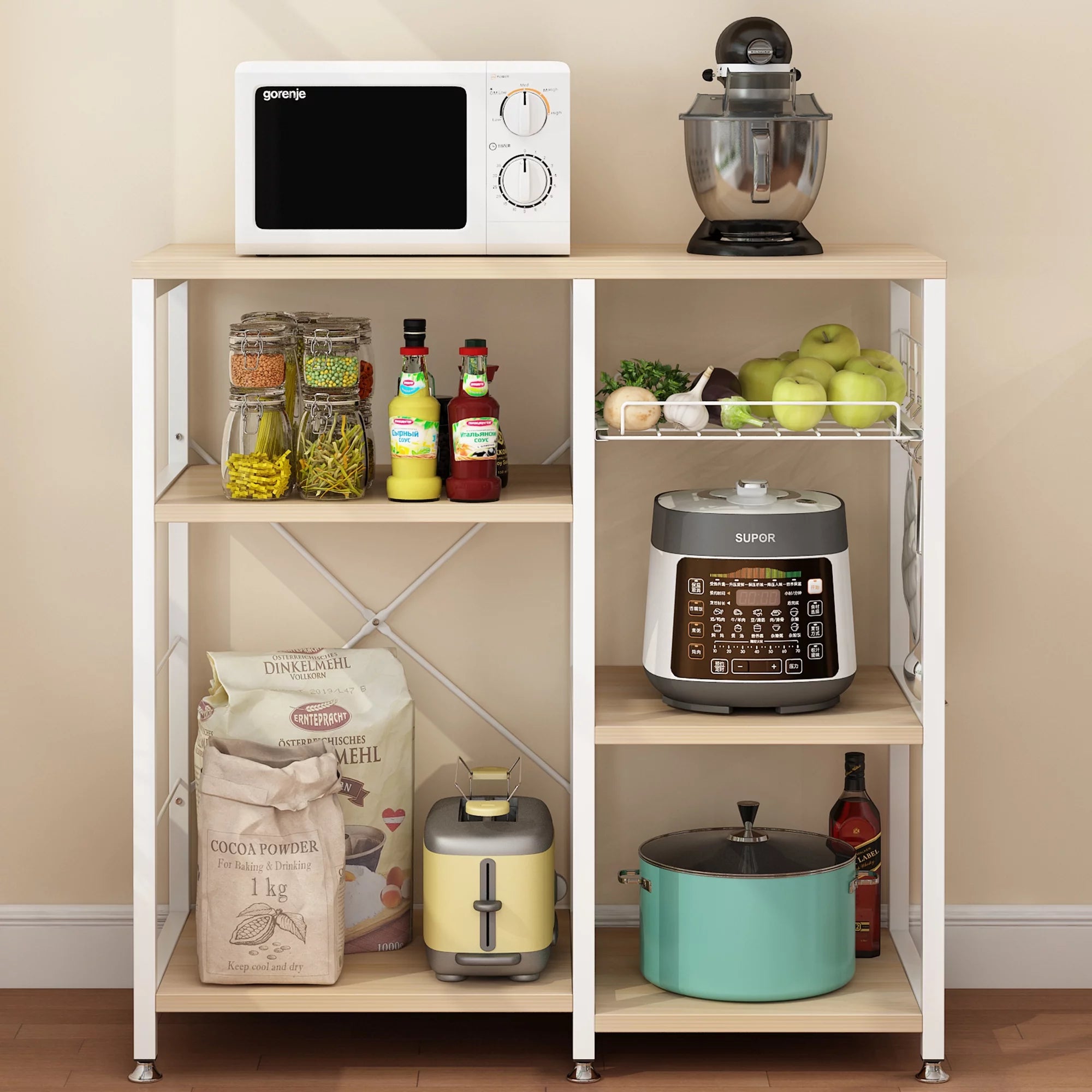 Kitchen Microwave Oven Stand with Basket, Industrial Shelving Unit, White Oak Finish O9228