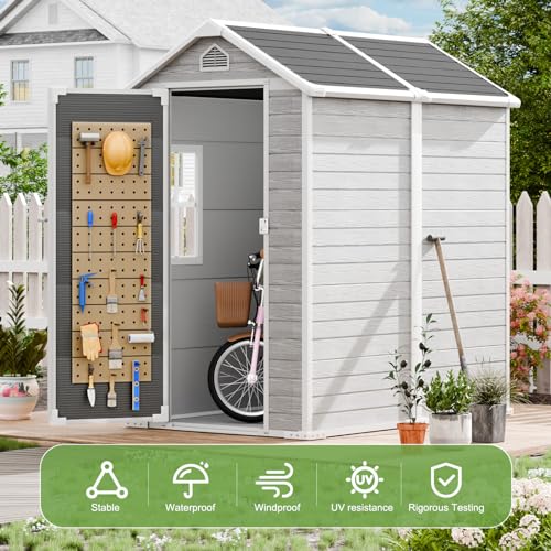 Resin Storage Shed, Waterproof Outdoor Tool Shed with Floor, Double Lockable Doors I89690