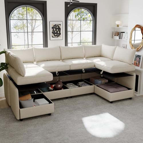 Modular Storage Sectional Sofa with Movable Ottomans, U-Shaped Chenille U839651