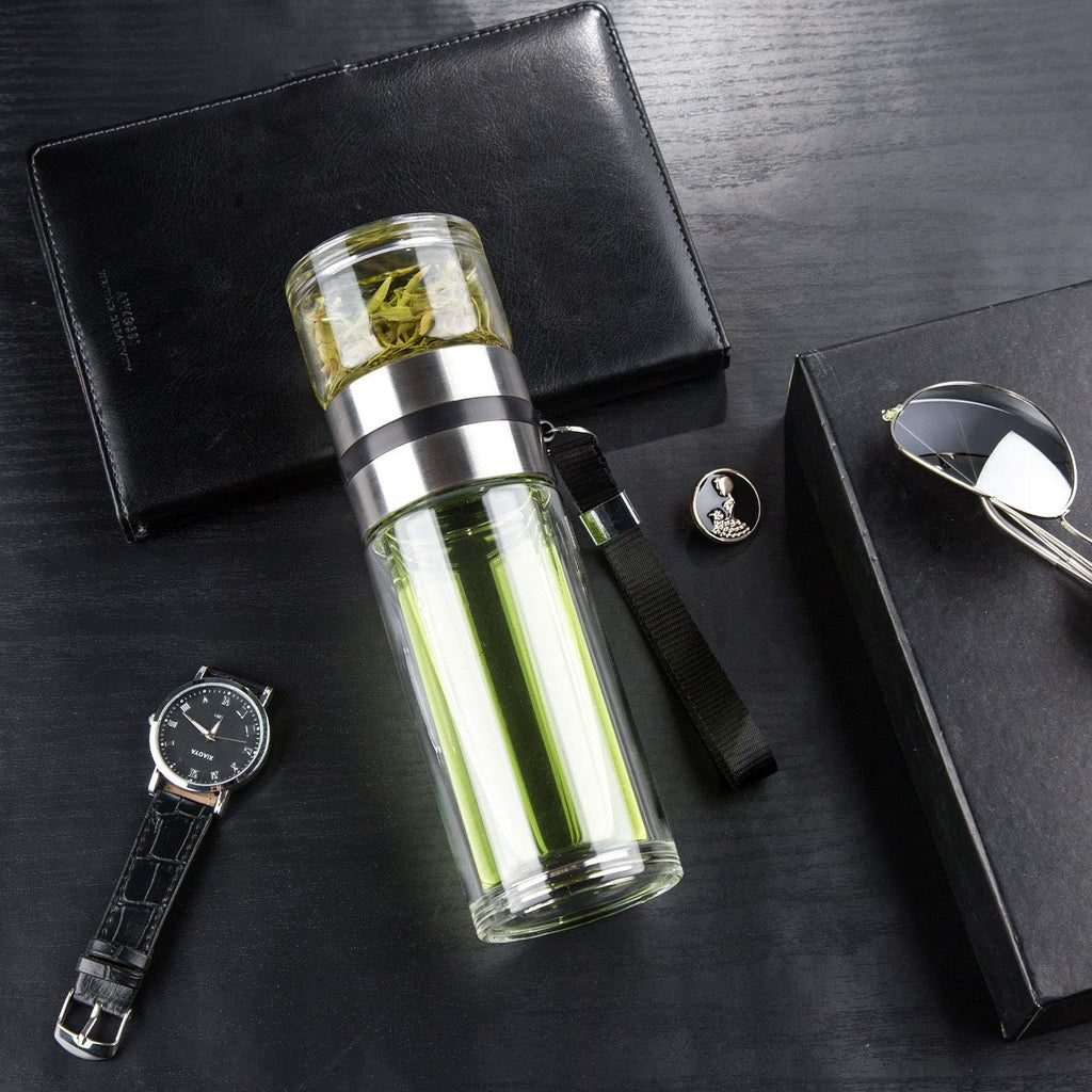 Glass Tea Infuser Bottle Double Wall Portable Travel Tumbler 13 OZ B19849
