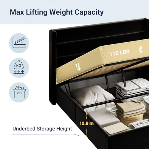 Full Size Lift Up Storage Bed with Wingback Headboard, Hydraulic Support, Light Beige P736605