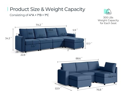 Modular Sectional Sofa with Storage, U Shaped Couch, Blue Y4358