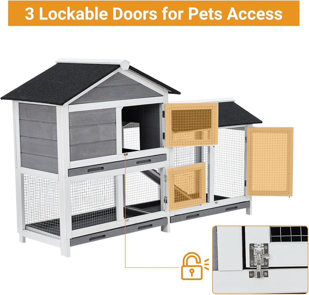 Wooden Outdoor Indoor Bunny Hutch Rabbit Cage with Stairs and Cleaning Tray X8885