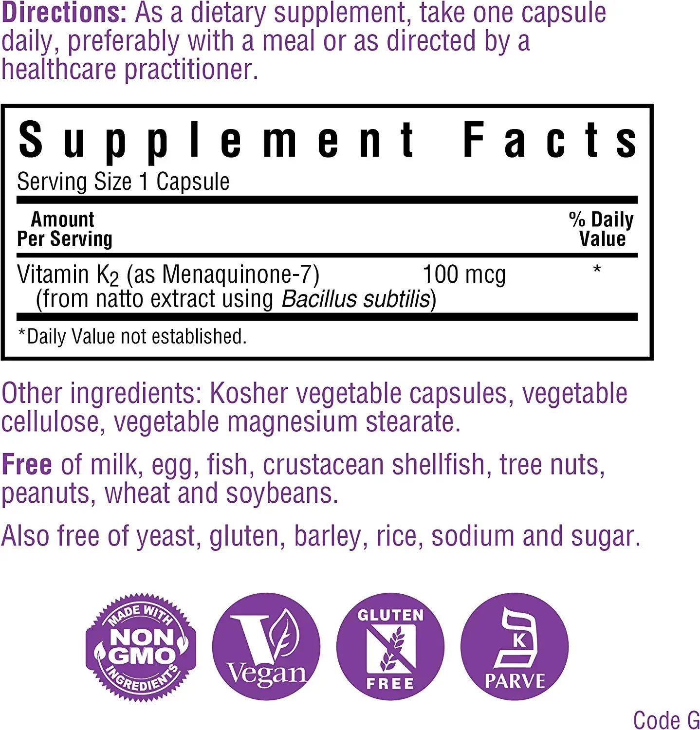 Vitamin K2 Vegetarian Capsules, 100 Count P935