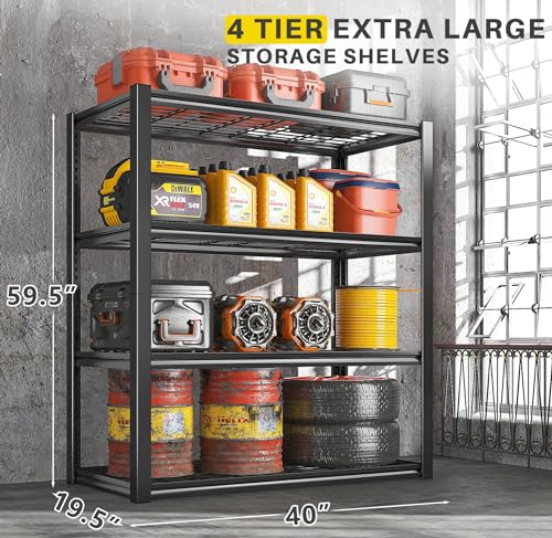 40" W Garage Shelving 2240 LBS Storage Shelves Adjustable Metal Heavy Duty 4 Tier R5651