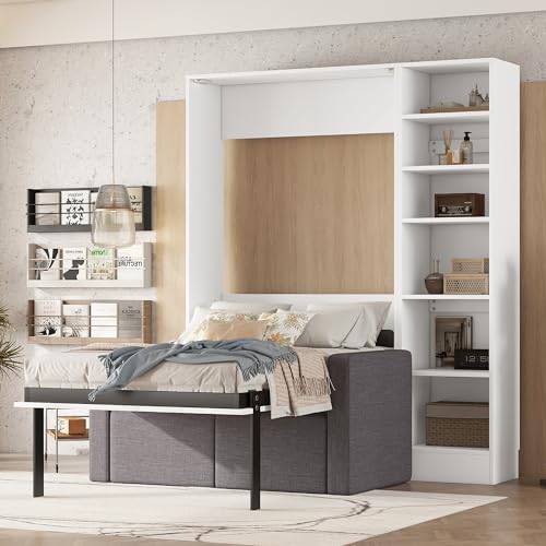 Murphy Bed Queen Size with Cushion, Foldable Sofa Bed Frame with Slat Support, White C2974
