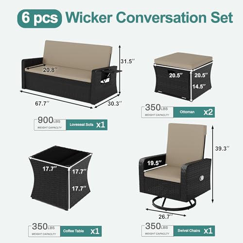 Wicker Patio Furniture Set with Swivel Recline Chairs and Storage Ottoman B707
