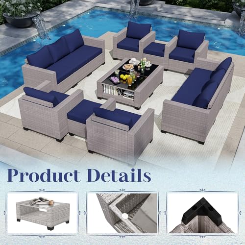 Outdoor Sectional Sofa Set with Cushions and Glass Coffee Table T1708