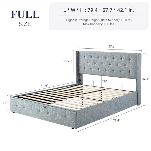 Full Size Lift Up Storage Bed with Wingback Headboard, Hydraulic Support, Light Beige P736605