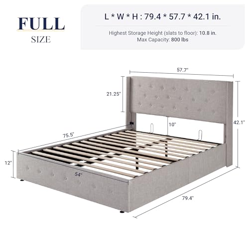 Full Size Lift Up Storage Bed with Wingback Headboard, Hydraulic Support, Light Beige P736605