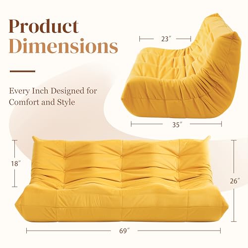 Bean Bag Chair for Adults, Suede & Microfiber Corner Lounge Sofa, 3-Seater, Beige F9802