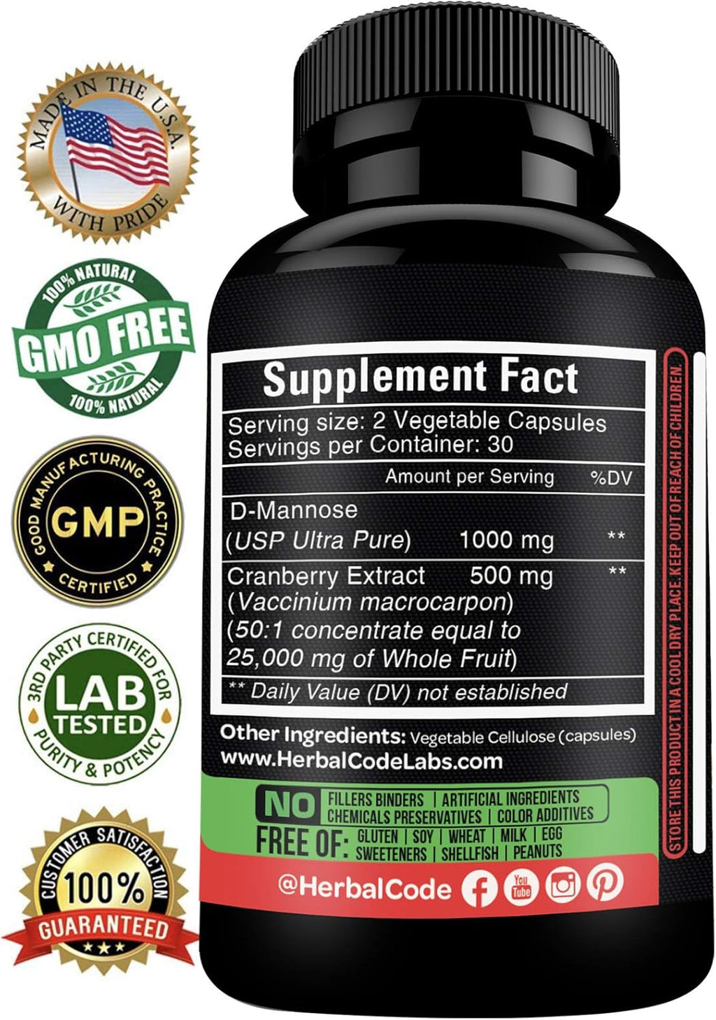 D-Mannose with Cranberry Extract Capsules 1500mg for Urinary Tract Health L7493