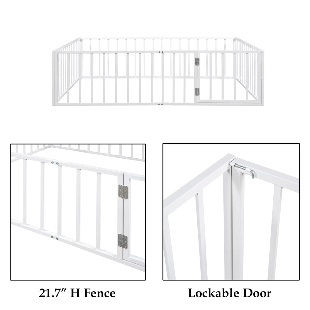 Queen Floor Bed with Fence Rails and Lockable Door for Kids, White T678