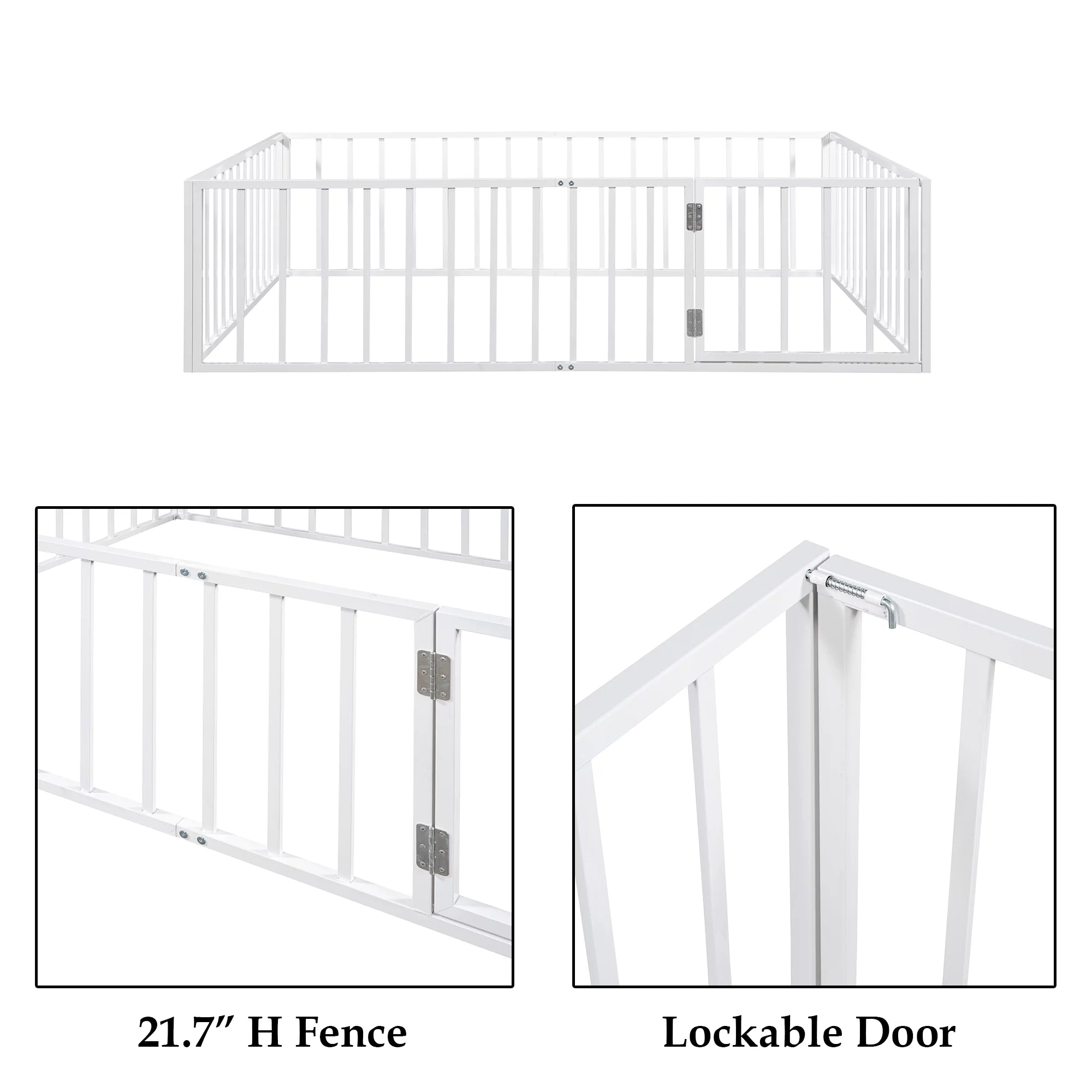 Queen Floor Bed with Fence Rails and Lockable Door for Kids, White T678
