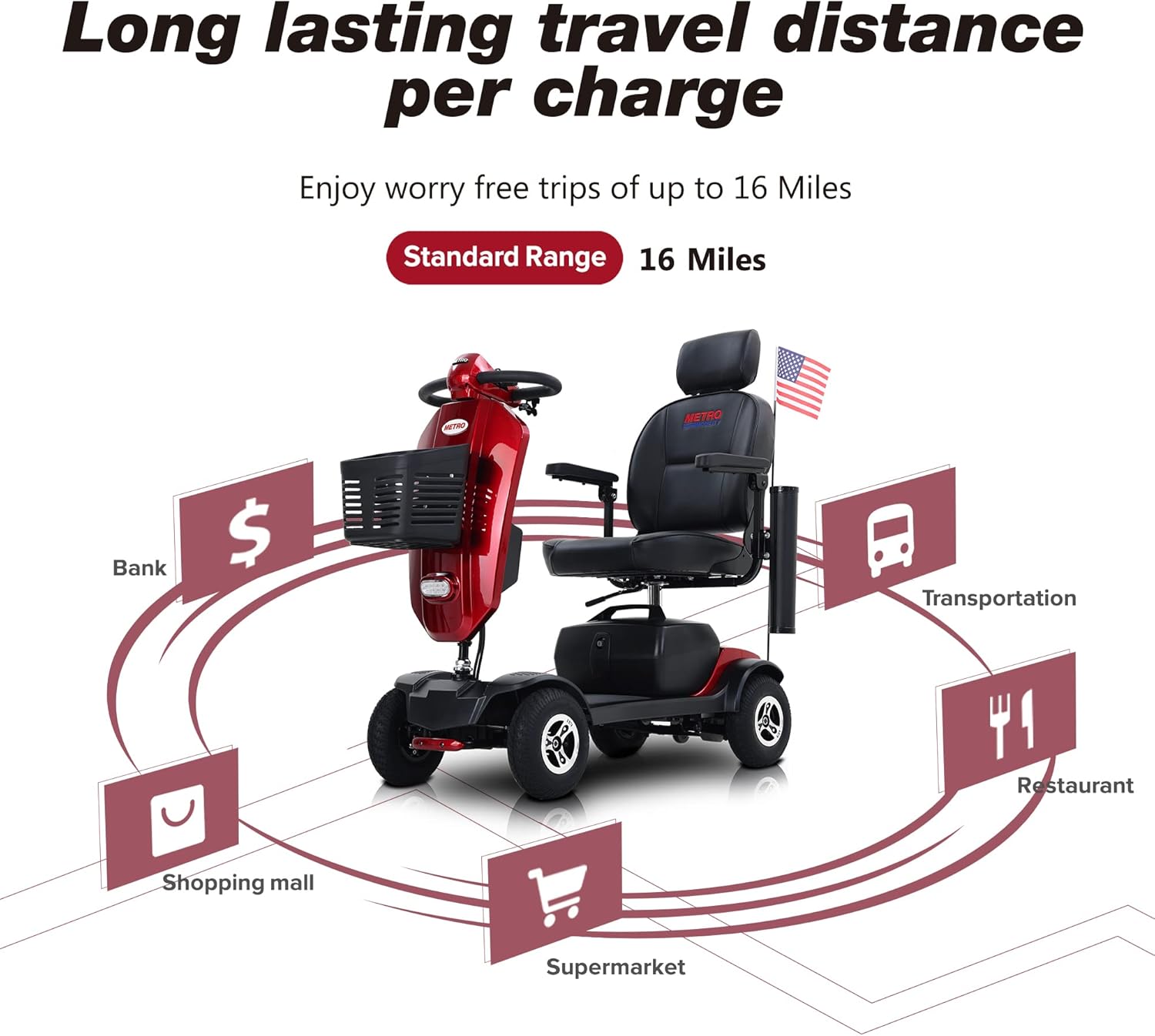 4 Wheel Folding Mobility Scooter for Seniors, 300lbs Capacity, Long Range Battery, Red K6853