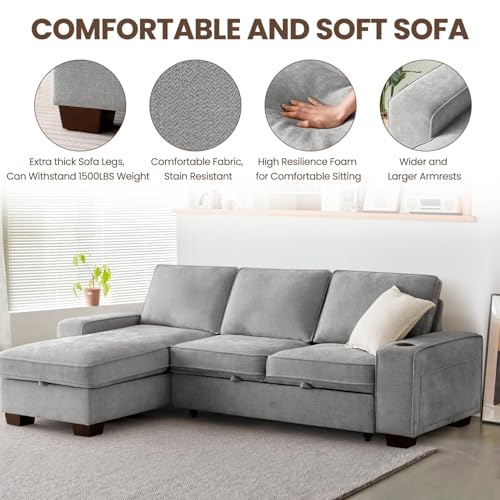 Convertible Sleeper Sofa Bed L Shaped with Storage Chaise, Gray N77725