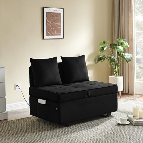 Sofa Bed Convertible Pull Out Couch with 2 Throw Pillows, Dark Grey Z539533