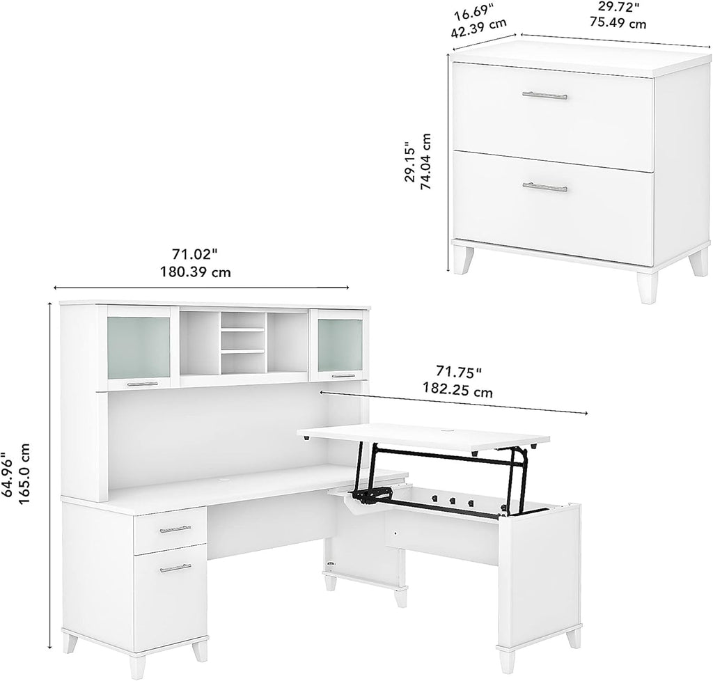 Sit to Stand L Shaped Desk with Hutch and File Cabinet T877029