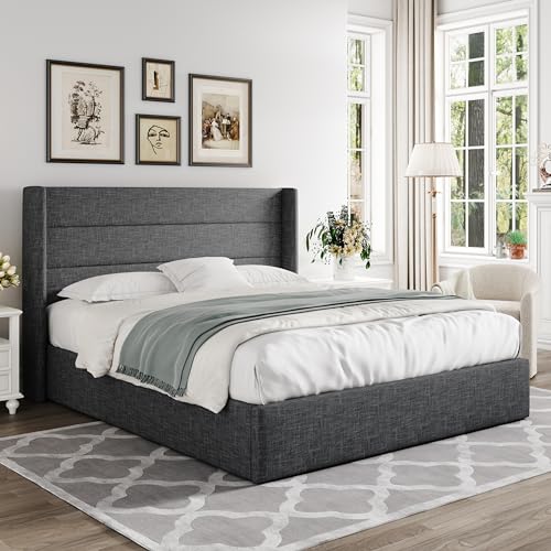 Full Size Lift Up Storage Bed with Wingback Headboard, Hydraulic Support, Light Beige P736605