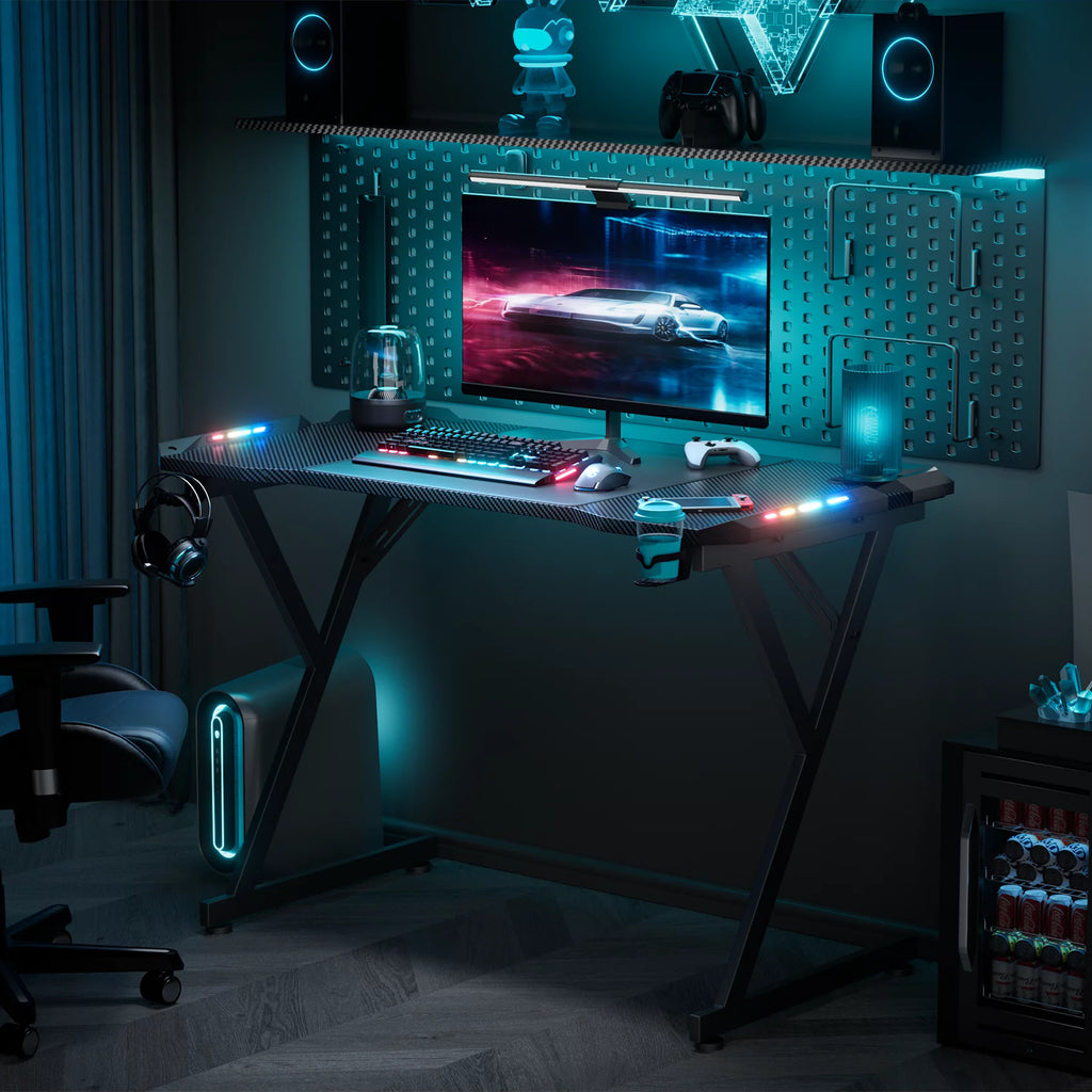 55 Inch Gaming Desk with LED Lights and Carbon Fibre Surface B58941