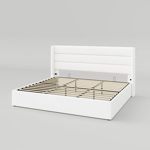 Full Size Lift Up Storage Bed with Wingback Headboard, Hydraulic Support, Light Beige P736605