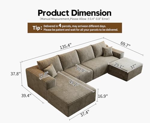 Modular Sectional Sofa with Ottoman, U-Shaped Deep Seat Couch for Living Room O870