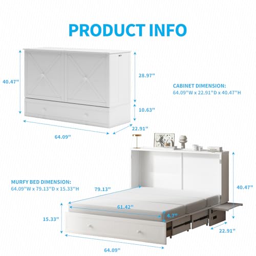 Queen Size Murphy Bed with Tri-Folding Mattress and Charging Station T181