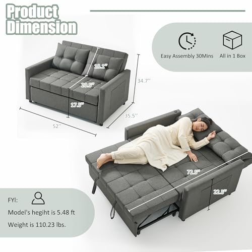 Sleeper Sofa with Pull-Out Bed, 3-in-1 Convertible, Light Gray E75945