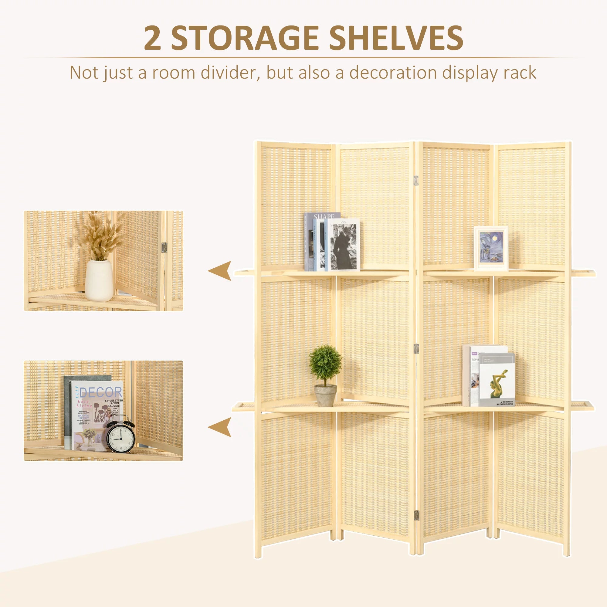 4-Panel Folding Room Divider, 6 Ft Freestanding Bamboo Privacy Screen with Storage Shelves I21393