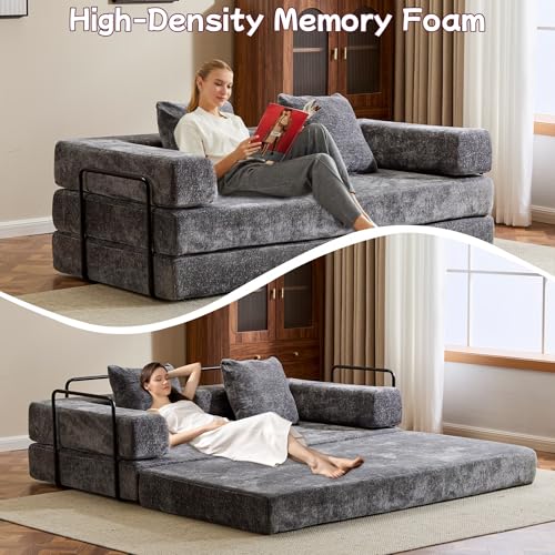Foldable Floor Sofa Bed with Pillow Back and Armrest, Dark Gray S29408