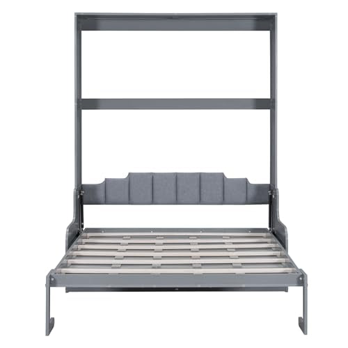 Murphy Bed Queen Size with Cushion, Foldable Sofa Bed Frame with Slat Support, White C2974