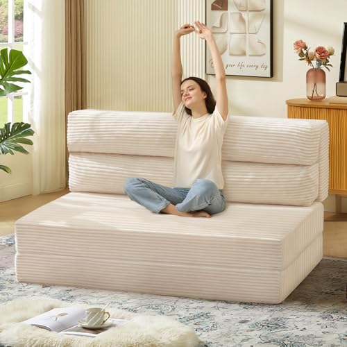 Folding Sofa Bed, Convertible Sleeper Chair with Pilow Foldable Matress, 2 in 1 Pull Out Loveseat Sofa Portable Fold Out Chair Bed Comfy Floor Couch Lounge for Living Room Bedroom,Grey,Full