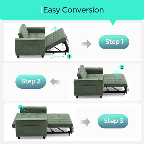 3-in-1 Convertible Sofa Bed with Charging Station, Green R3379