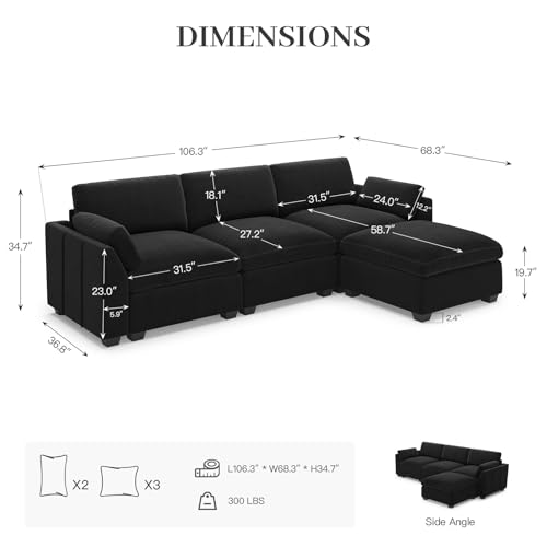 Extra Large Modular Sectional Sofa, 4-Seater L Shaped Couch, Velvet Convertible for Living Room L139