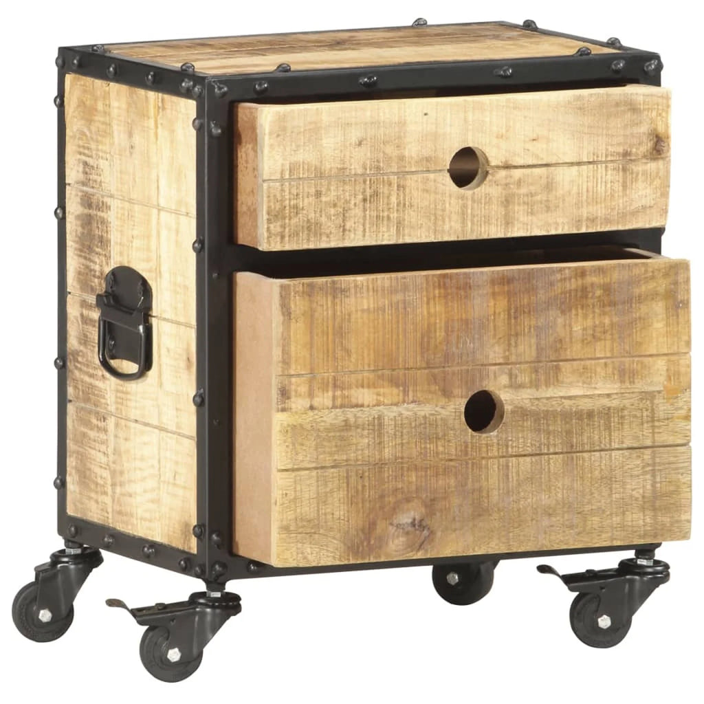 Bedside Cabinet with 2 Storage Drawers and Wheels, Mango Wood Nightstand A3625