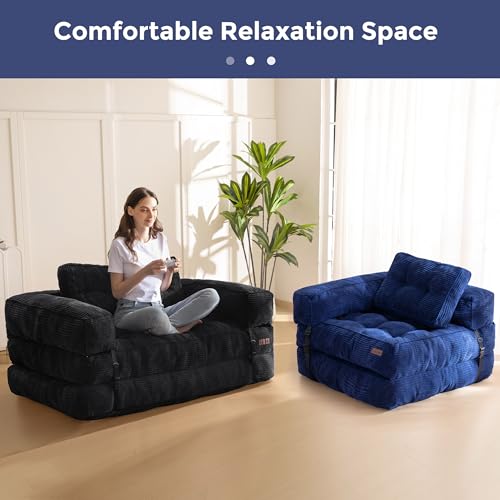 Folding Sofa Bed, L-Shaped Convertible Sleeper Couch with Armrest and Pillow, Dark Grey M375676