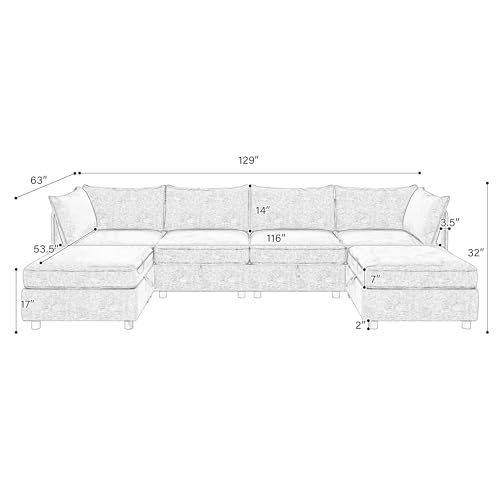 Modular Storage Sectional Sofa with Movable Ottomans, U-Shaped Chenille U839651