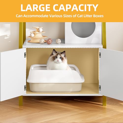 Cat Litter Box Enclosure with Shelves and Charging Station, Wooden Cabinet, Gold White Q367997
