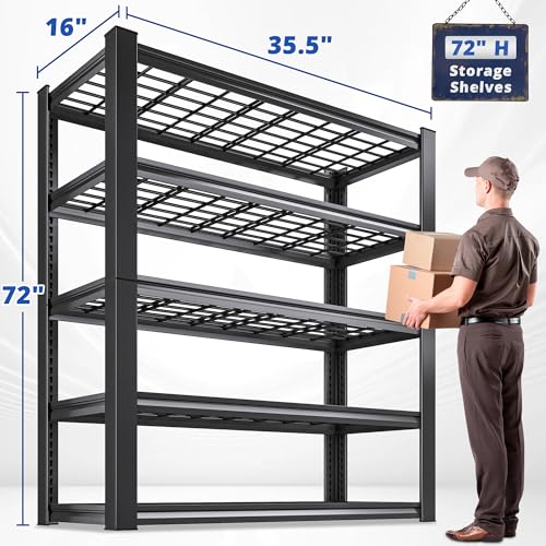 Heavy Duty Metal Shelving 5 Tier Adjustable Storage Shelves, 72" H x 35.5" W x 16" D, Black D96275