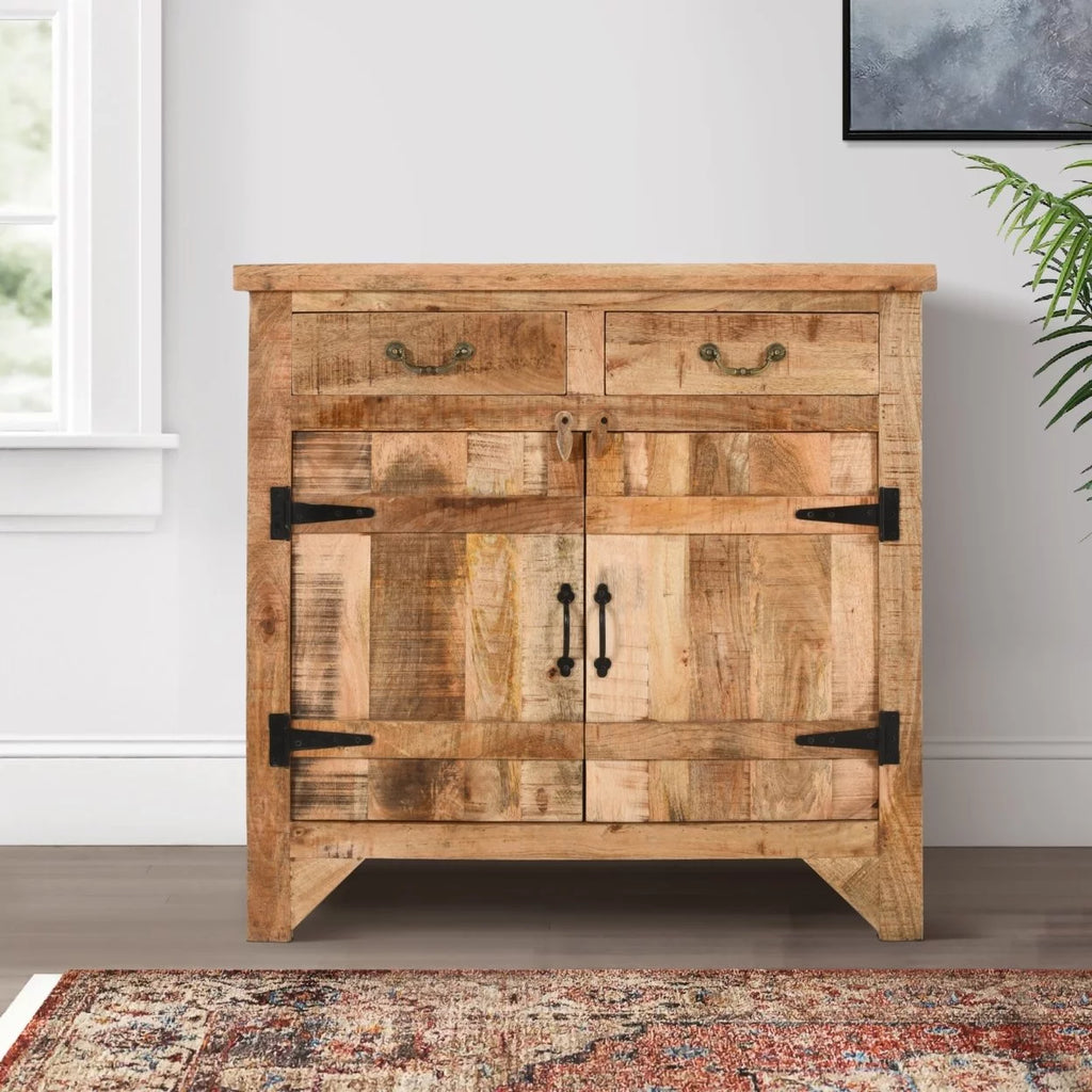 39 Inch Farmhouse 2 Drawer Mango Wood Console Cabinet with Door Storage, Rustic Brown C191