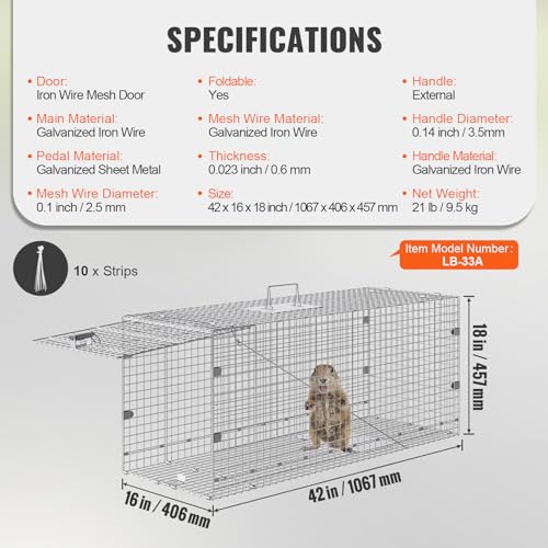 Live Animal Cage Trap 24 x 8 x 8 Inch Humane Folding Trap for Rabbits and Stray Cats W8784