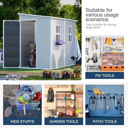 Outdoor Resin Storage Shed 8x4x6 FT with Floor, 2 Windows and Lockable Door Y450972