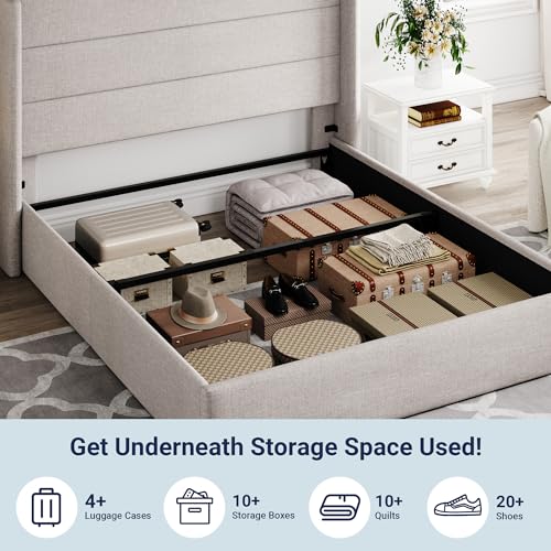 Full Size Lift Up Storage Bed with Wingback Headboard, Hydraulic Support, Light Beige P736605