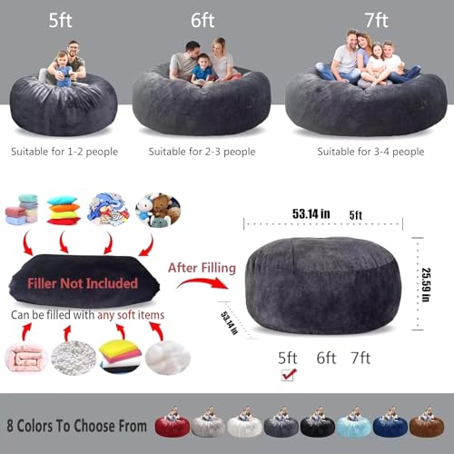 Oversize Round Fluffy Bean Bag Chair Cover for Adults Kids, 6FT Light Grey Y80106