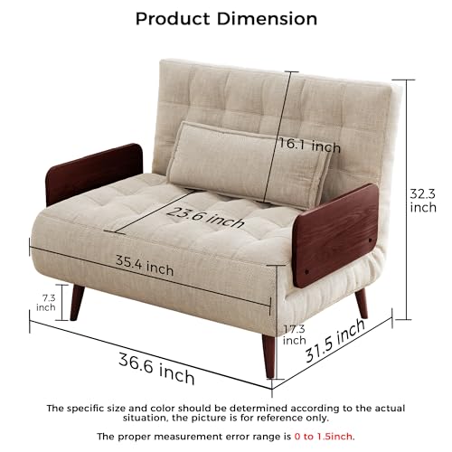 Convertible Chair Bed Sleeper for Adults, Linen with Wooden Arms & Pillows, Foldable Single Futon Sofa Bed Q683821