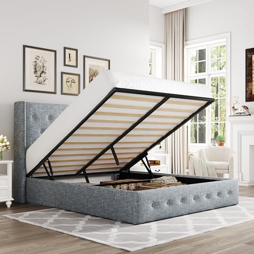 Full Size Lift Up Storage Bed with Wingback Headboard, Hydraulic Support, Light Beige P736605
