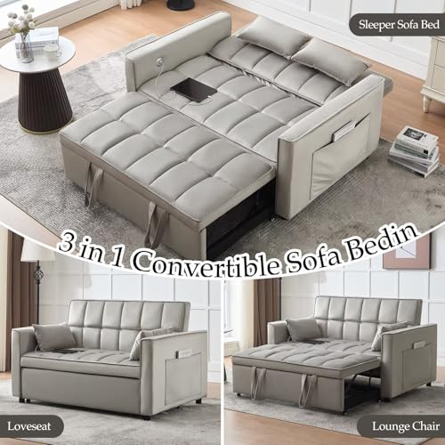 Convertible Sleeper Sofa Couch Bed with USB Port, Adjustable Backrest, Light Grey G549