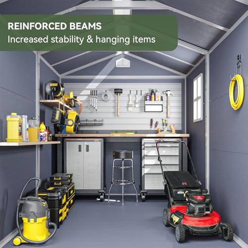 Outdoor Storage Shed with Window, Resin Garden Tool Shed with Lockable Doors W5772